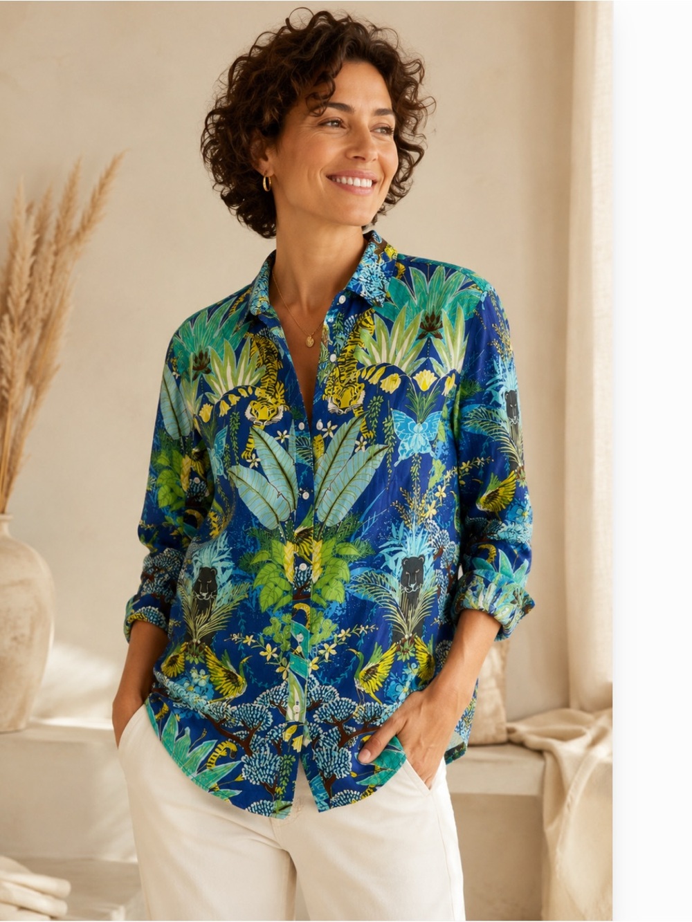 J. McLaughlin Jungle Print Button Down Shirt Blue Tropical Tiger Leopard Cotton